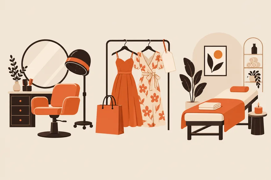 Ilustração de um salão de beleza, uma loja de roupas e uma sala de estética lado a lado.